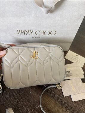 Jimmy Choo Light Mocha Quilted Leather Crossbody with Gold JC Emblem